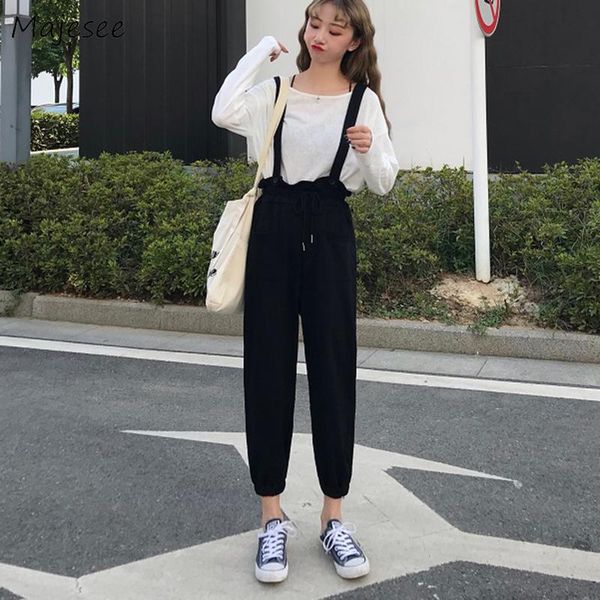 

women's jumpsuits & rompers women solid kawaii drawstring girl simple harajuku chic ankle-length all-match loose 2xl korean style women, Black;white