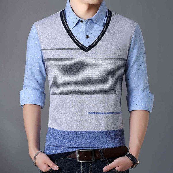 

spring autumn middle-aged and young men's knitted splicing t-shirt busins leisure large loose fake two-piece polo shirt, White;black