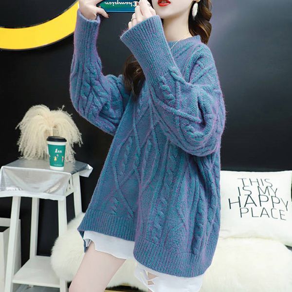 

2021 new autumn winter knitted pullovers for women koren style oversized solid female long sweaters pull o neck jumpers ladies 2pli, White;black