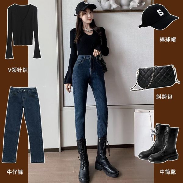 

women's jeans high waist elastic nine-point pants slim fit all-match tight-fitting women leggins mujer, Blue