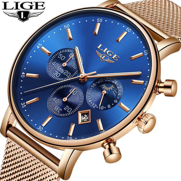 

lige fashion mens watches brand luxury quartz watch men casual slim mesh steel waterproof sport watch relogio masculino+box 210527, Slivery;brown