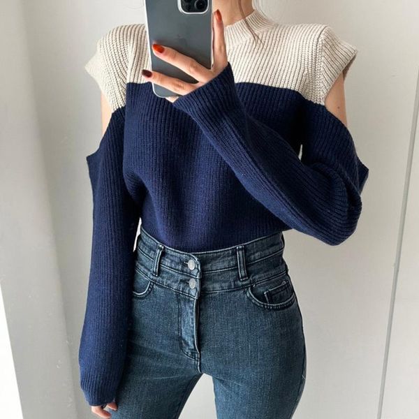 

women's sweaters [ewq] korea chic casual trend women o neck contrast stitching fashion off-shoulder long-sleeved sweater autumn 2021 16, White;black