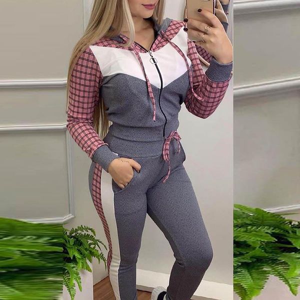 

women's two piece pants autumn women casual plaid patchwork tracksuit sets elegant pullovers +drawstring long set female sport, White