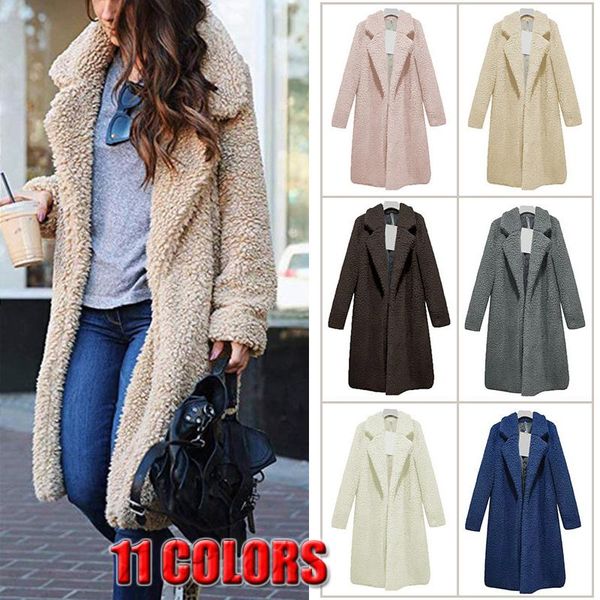 

women's trench coats women winter long fleece coat 2021 ladies solid color warm fluffy cardigans female jackets elegant plus size outwe, Tan;black