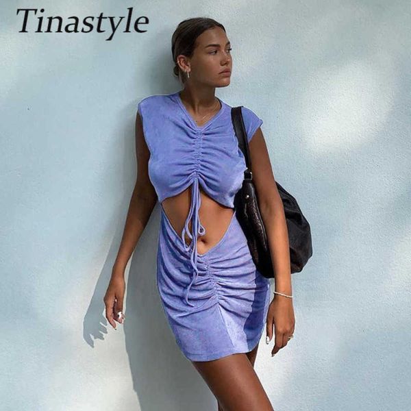 

tinastyle pull out hollow out summer dress for women short mouwen bodycon mini jurk vestidos plisse skinny casual, Black;gray