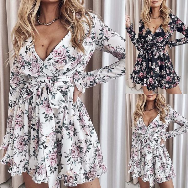 

casual dresses women fashion v-neck printed ruffle ladies party long sleeve belt dress everyday clothes, Black;gray