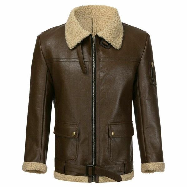 

men's fur & faux winter men lamb wool lined leather jacket parka outwear coat retro locomotive zipper pu warm, Black