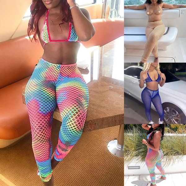 

women's swimwear 2 piece sets women see through hollow out summer streetwear skinny sleeveless halter trousers, White;black