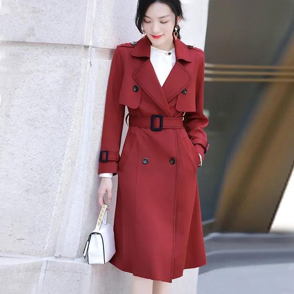 

women's trench coats spring autumn slim anti-wrinkle drape coat long windbreaker ladies outwear, Tan;black