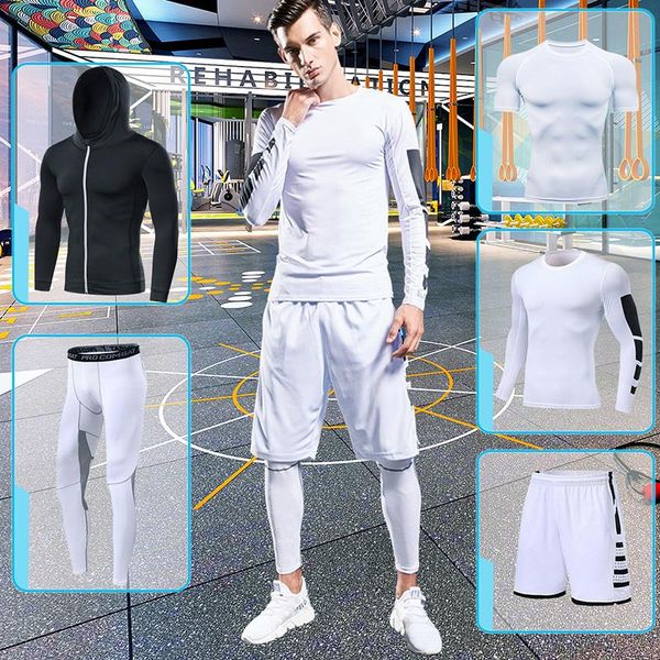 

gym clothing exercise fitness for men compression sportswear set joggers training tight tracksuit suitable running basketball, White;black