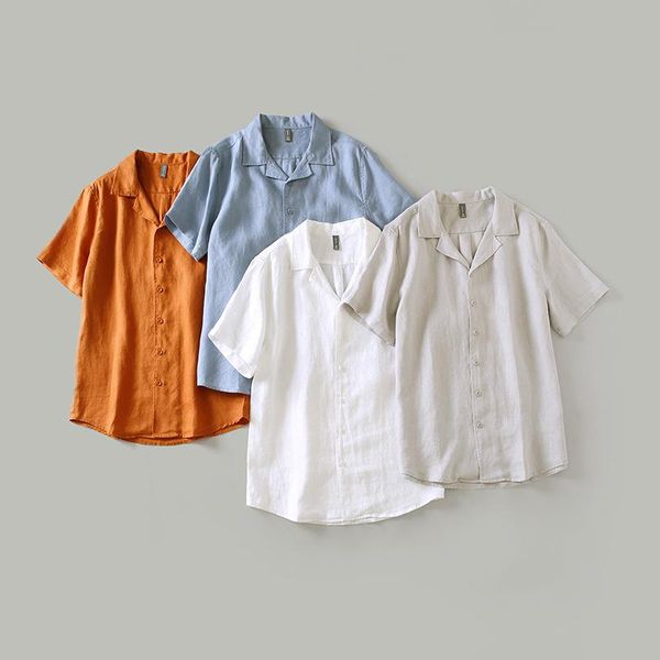 

men's casual shirts 2021 summer lapel solid short sleeve 100% linen shirt fashion, White;black