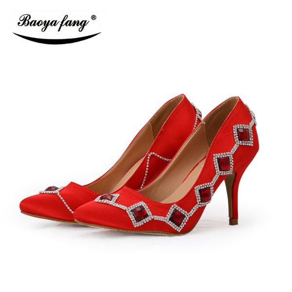 

dress shoes baoyafang red big crystal women wedding bride pointed toe 8cm high heels ladies party female, Black