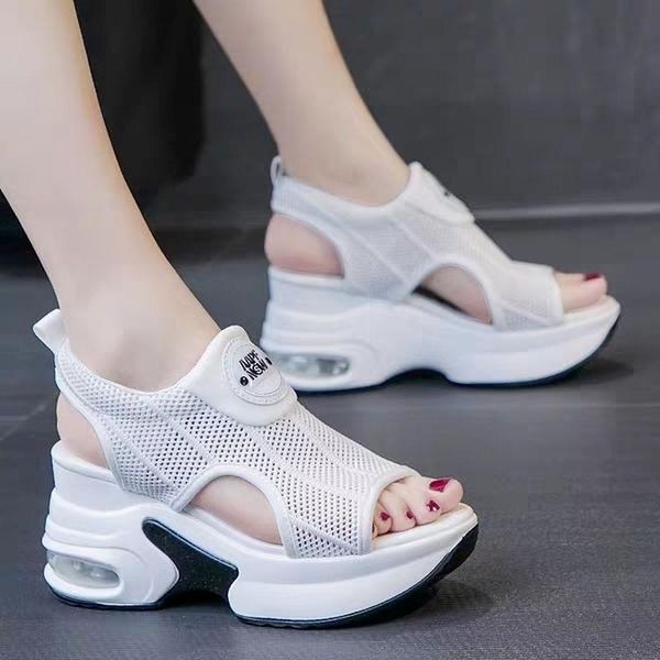 

sandals 2022 women's height increasing sports insole summer roman style wedge fish mouth woven mesh breathable, Black