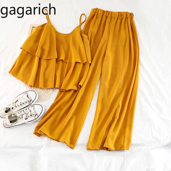 

gagarich women suits summer new loose strap elastic waist wide leg ankle length pants casual chiffon two pieces sets 210302, White