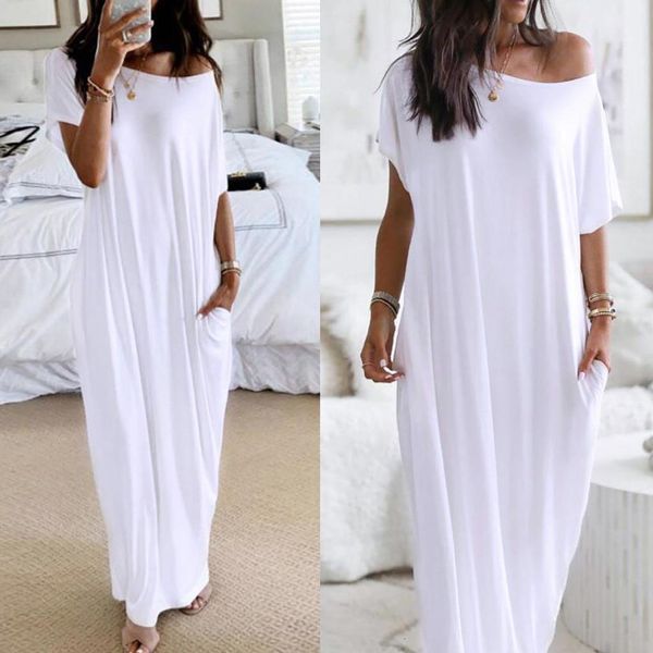 

#h30 womens pure white maxi dress party strappy summer beach dress holiday inclined shoulder sundress plus size 5xl vestidos, Gray