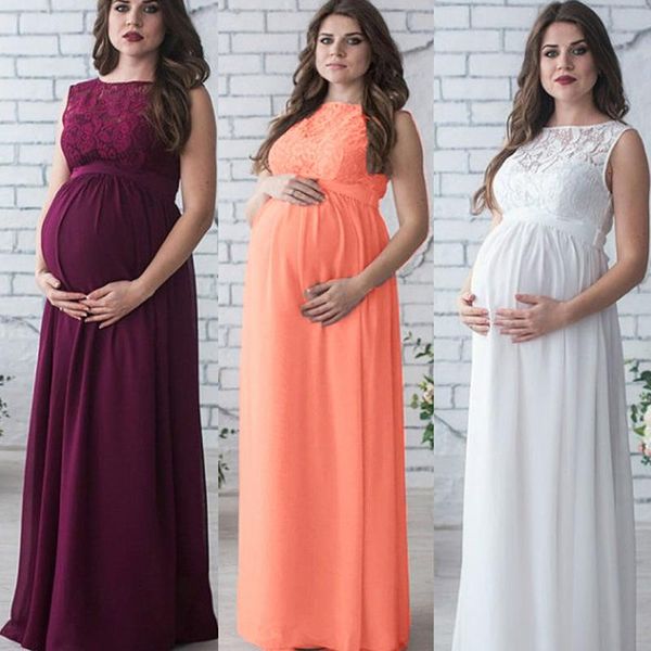 

maternity dresses clothes for pregnant women solid color lace trailing loose dress women's, White