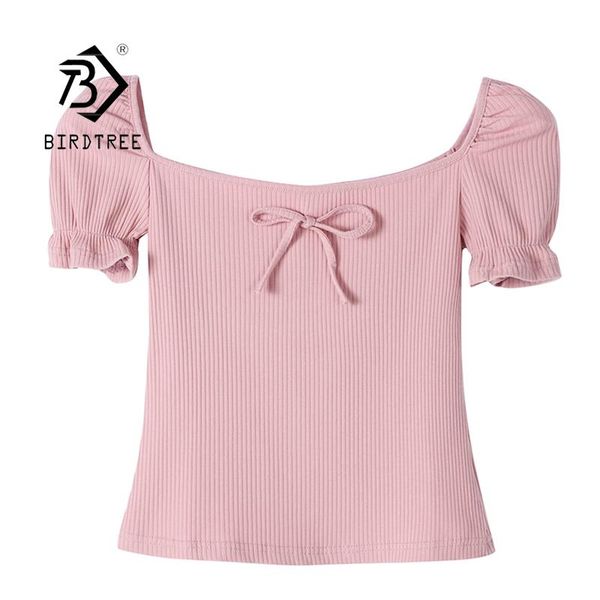 

women's t-shirt summer solid cotton o neck knitted tshirt with bow korean style elegant office short tee ruffle sleeve lady t12901x, White