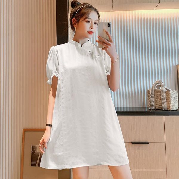 

maternity dresses summer pregnant women cheongsam dress solid color short sleeve mandarin collar a-line vintage pregnancy, White