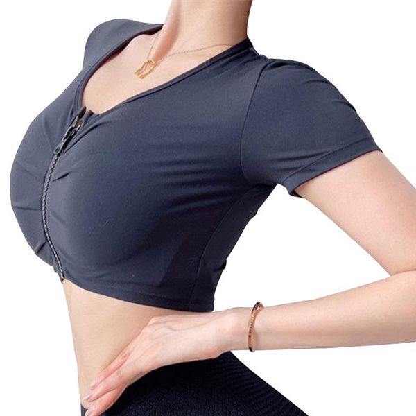 

yoga outfit summer women sports short sleeve fitness front zipper shockproof underwear breathable wiregathered running vest