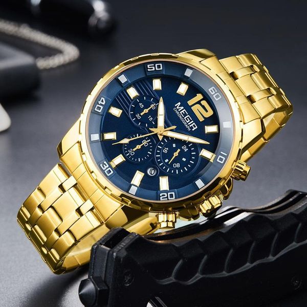 

wristwatches megir men's watch waterproof timing quartz multifunction clock sports watches stainless steel strap reloj hombre, Slivery;brown