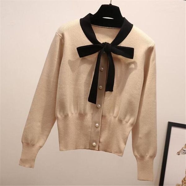 

women's knits & tees korean short cardigan women knitted sweater spring autumn long sleeve thin elegant bow v neck female ropa mujer, White