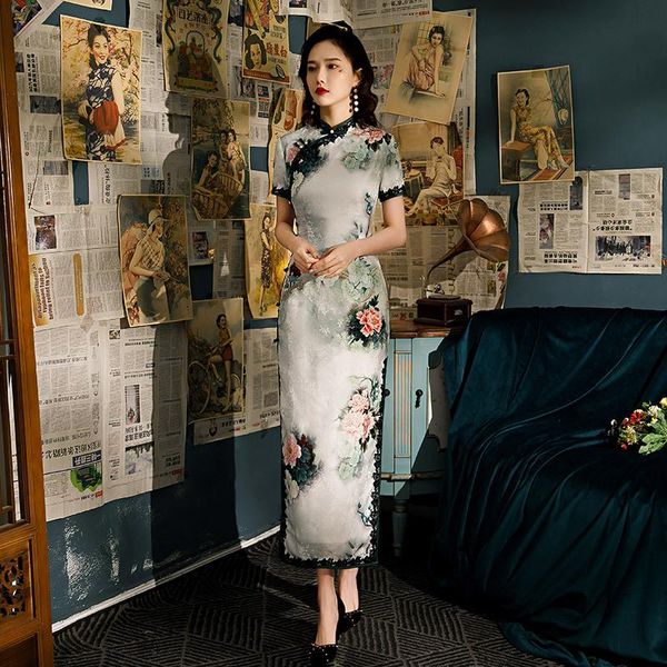 

ethnic clothing satin green mandarin collar banquet party dress gown high split chinese cheongsam vintage button slim qipao women vesti, Red