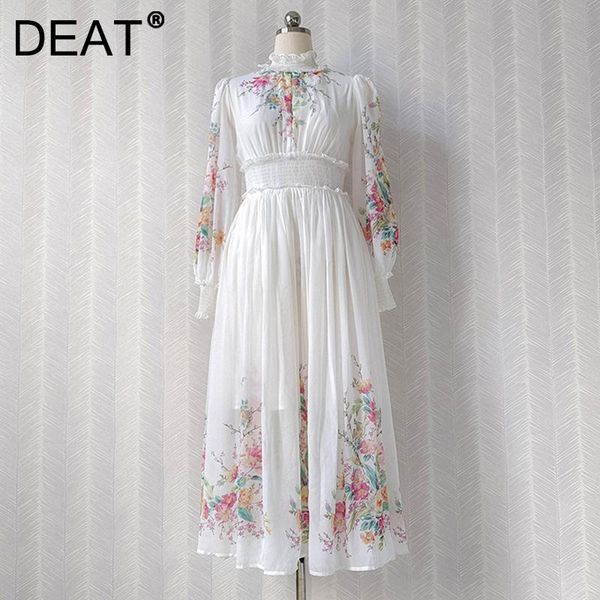 

casual dresses deat woman midi dress white flower print elastic waist elegant vintage style with lined 2021 summer fahsion 15jk225, Black;gray