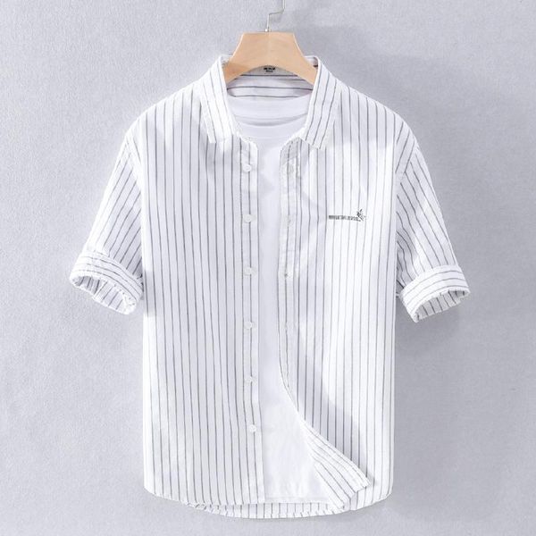 

men's casual shirts 2021 summer style half sleeve striped embroidery shirt men brand trendy white for camisa chemise mens, White;black