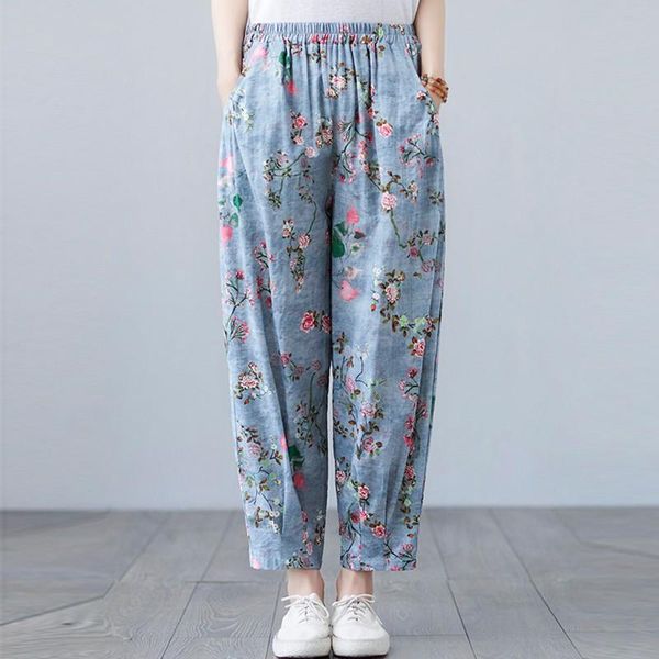 

women's pants & capris women summer cotton linen ankle-length casual arrival 2021 vintage style floral print loose female harem b330, Black;white