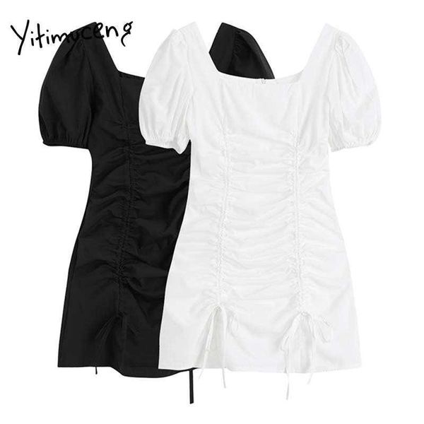 Yitimuceng Shirring Vestidos Mulheres Verão Zíper Mini Vestido Alto Cintura Sochila Branco Preto Sundress Coreano moda 210601