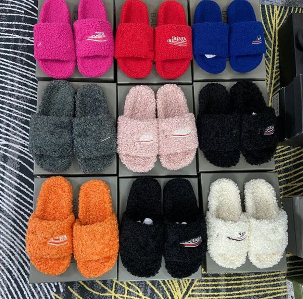 

classic brand paris furry slippers designer embroidered letter women lambwool female sandals luxury design flip-flop home lazy drag with box, Black