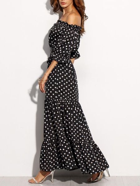

casual dresses women summer beach long ladies black and white polka dot off shoulder half sleeve tie waist a line maxi dress, Black;gray
