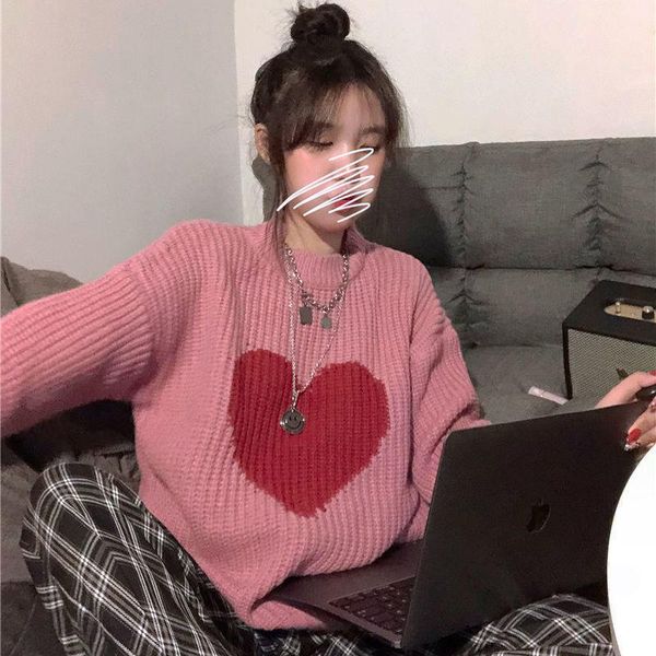 

men's sweaters 2021 winter sweet heart-shaped pattern sweater vintage harajuku style full sleeve pullovers loose knitting casual, White;black