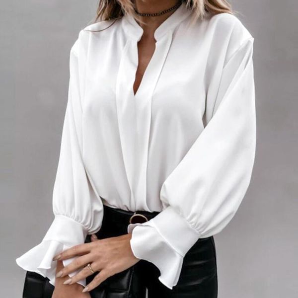 

women's t-shirt 40# office lady solid color autumn elegant lantern sleeve v-neck tee tshirt commuting tunic t shirt blusa, White