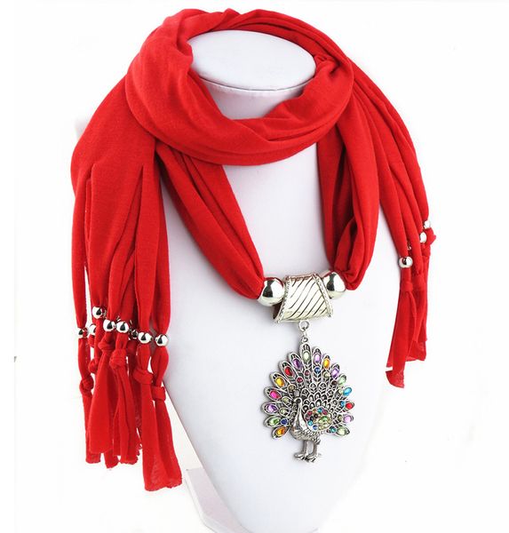 

winter women peacock pendant scarf with tassel rhinestone jewelry scarves, Red;brown