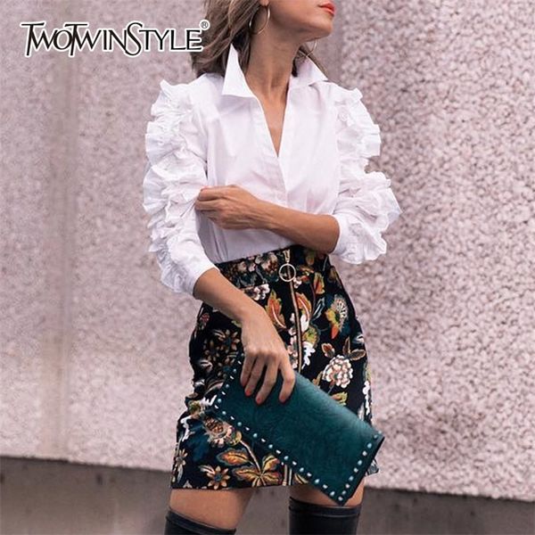 

twotwinstyle ruffles blouse female lapel collar patchwork long sleeve white shirt for ladies spring ol vintage clothes 210225