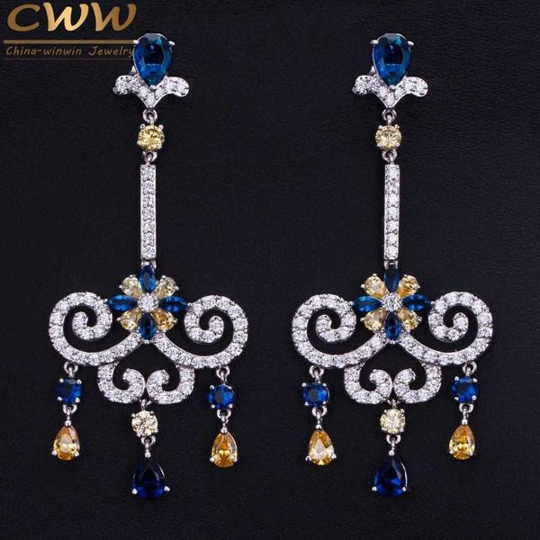 

european royal style yellow blue cz crystal long dangleing vintage earrings luxury cubic zirconia jewelry cz333 210714, Silver