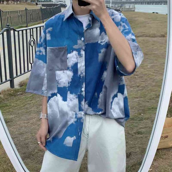 

men's casual shirts summer short-sleeved fashion printed men streetwear loose cloud mens hawaiian -2xl wkep, White;black