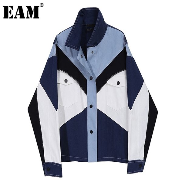 

[eam] loose fit blue conrtast color big size denim jacket lapel long sleeve women coat fashion spring autumn 1db903 211014, Black;brown