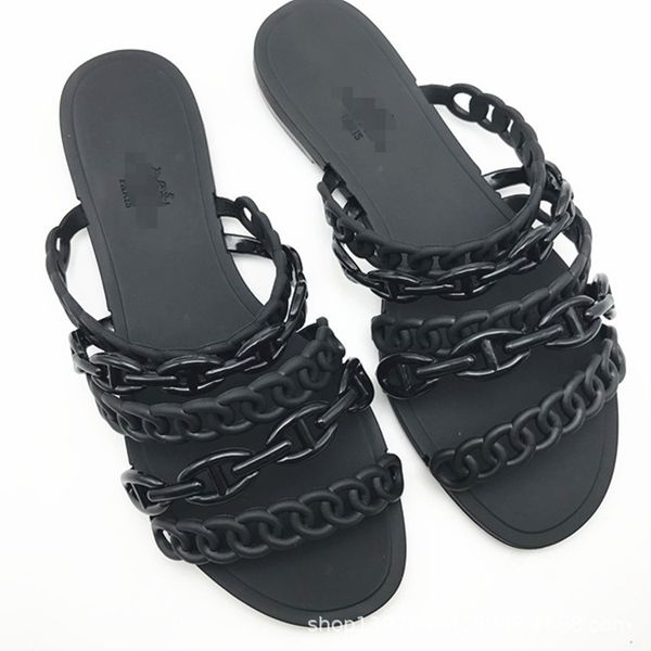 

in the summer of 2021, h family pig nose slippers with one line slippers, chic flat bottomed beach sandals, 5 chains jelly shoes ysj, Black