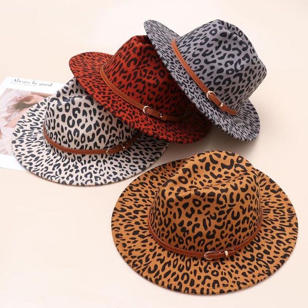 

wide brim hats vintage woolen leopard print with belt buckle wool fedora winter hat panama, Blue;gray