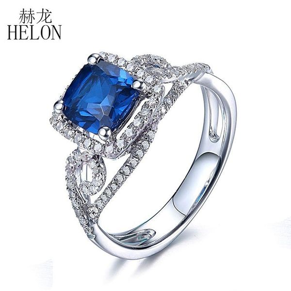 

cluster rings helon solid 10k white gold 7mm cushion genuine artificial sapphire & natural diamonds engagement wedding women jewelry ring, Golden;silver