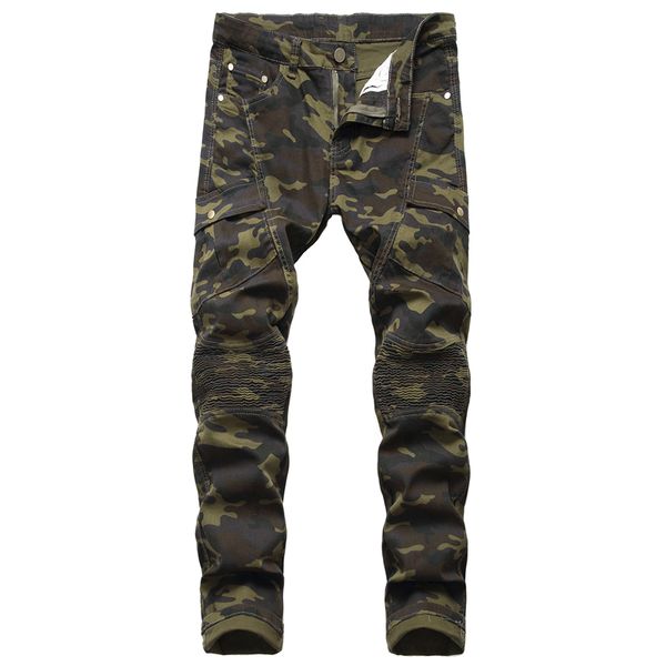 

jeans men biker stretched camouflage streetwear with pleated joggers slim jean men's scratched pants pantalones hombre, Blue