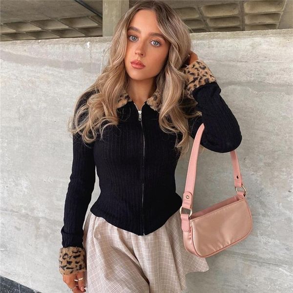 

women's knits & tees leopard faux fur patchwork knitted cardigan women sweaters y2k 90s elegant korean long sleeve bodycon zipper knitw, White