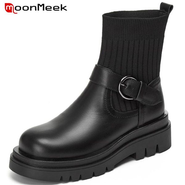 

boots moonmeek plus size 43 genuine leather shoes women knitting stretch buckle round toe comf flat platform ankle, Black