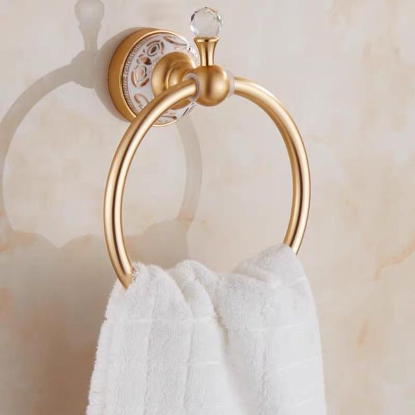 

european style carved ceramics base towel ring for bathroom vintage brushed gold toilet towel hanger circles wall mounted
