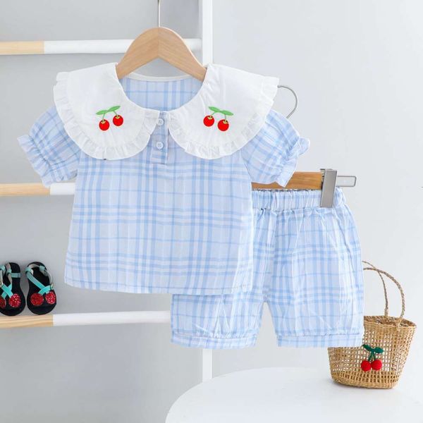 

plaid 2021 suit korean children's fashion summer girls' short sleeve shorts sweet two piece set