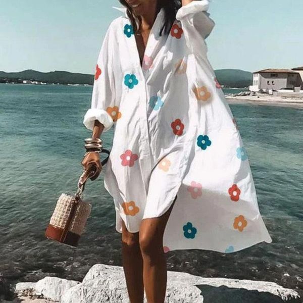 

casual dresses women v neck floral print dress 2021 spring long sleeve irregular shirt summer loose beach midi vestidos, Black;gray