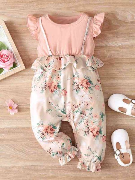 

baby flounce sleeve flutter sleeve ruffle trim 2 in 1 jumpsuit she, Blue
