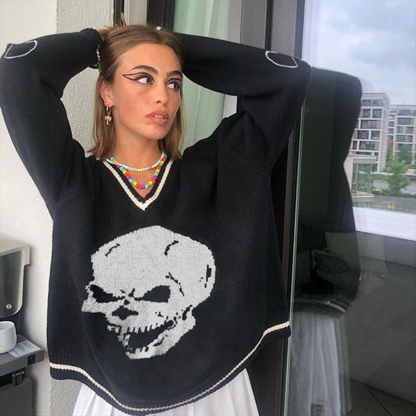 

skulls blue knitted for womens sweaters women fashion winter oversized jumper v neck long sleeve pullovers halloween girls, White;black
